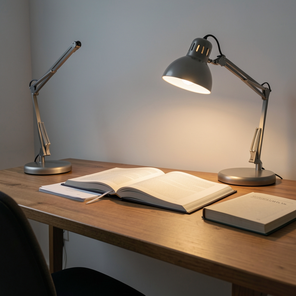Quiet editorial workspace with a wooden desk, open books and papers arranged neatly under the glow of a focused desk lamp in soft studio lighting
