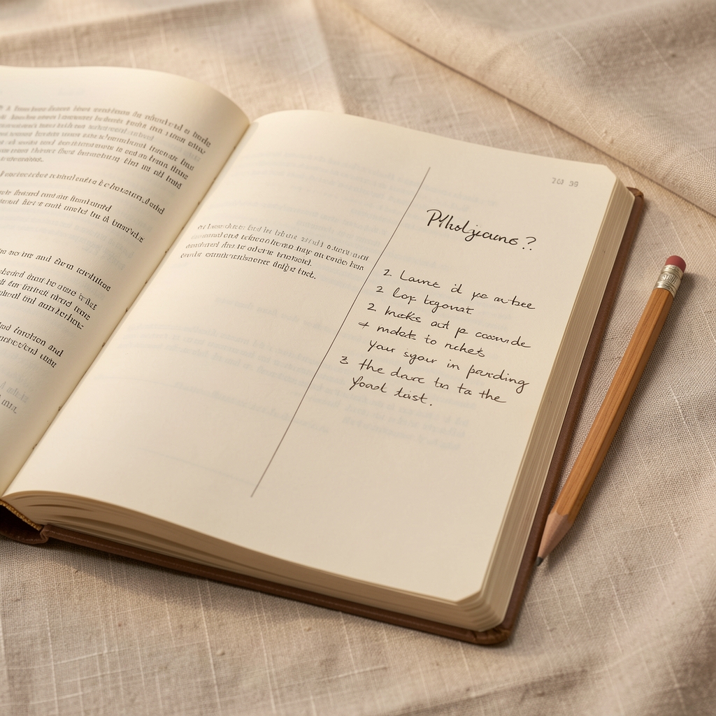 Close-up of an open research journal with handwritten margin notes beside a wooden pencil on a pale linen desk surface in controlled warm lighting