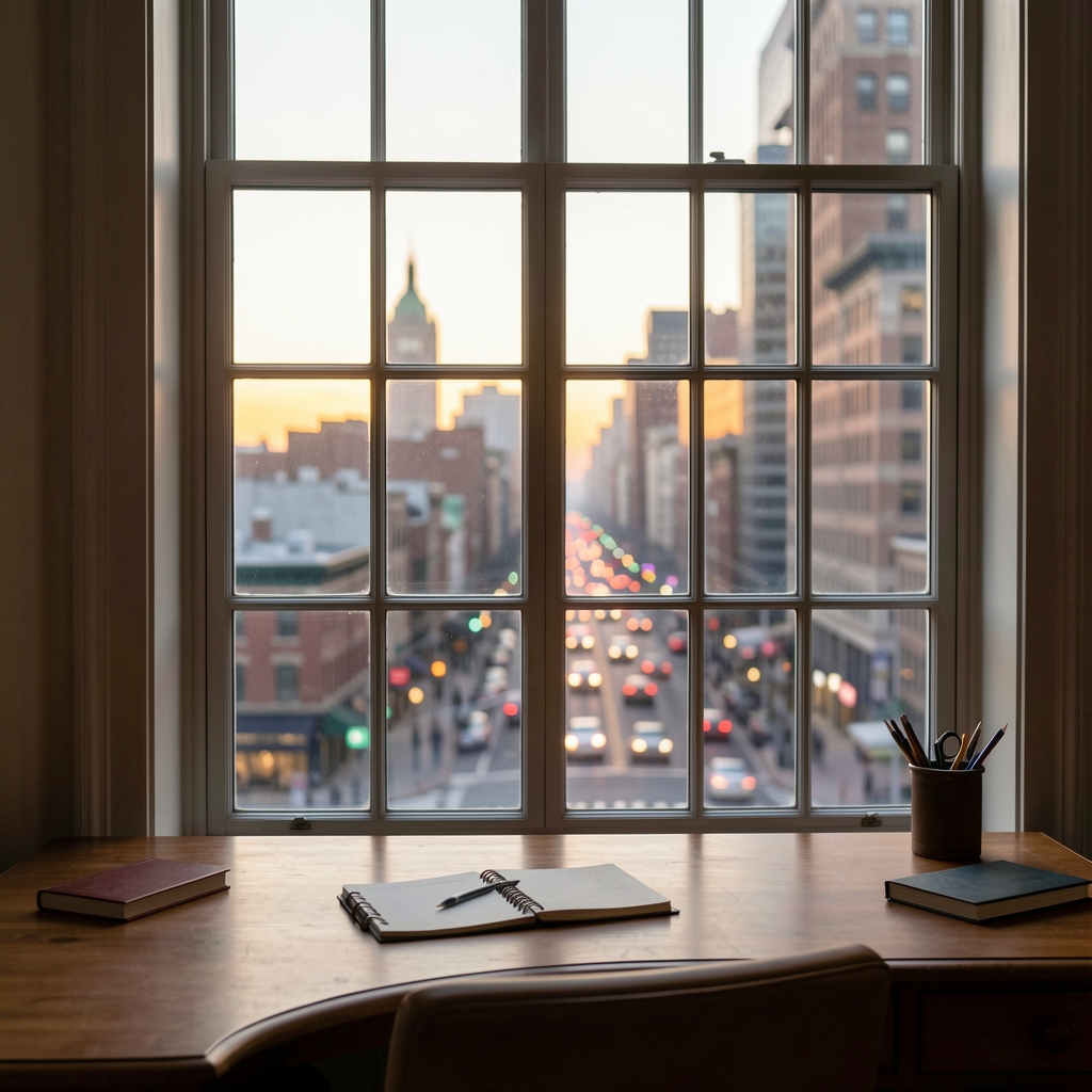 View through a large sash window from an interior desk, late afternoon city light visible outside with a blurred street scene below