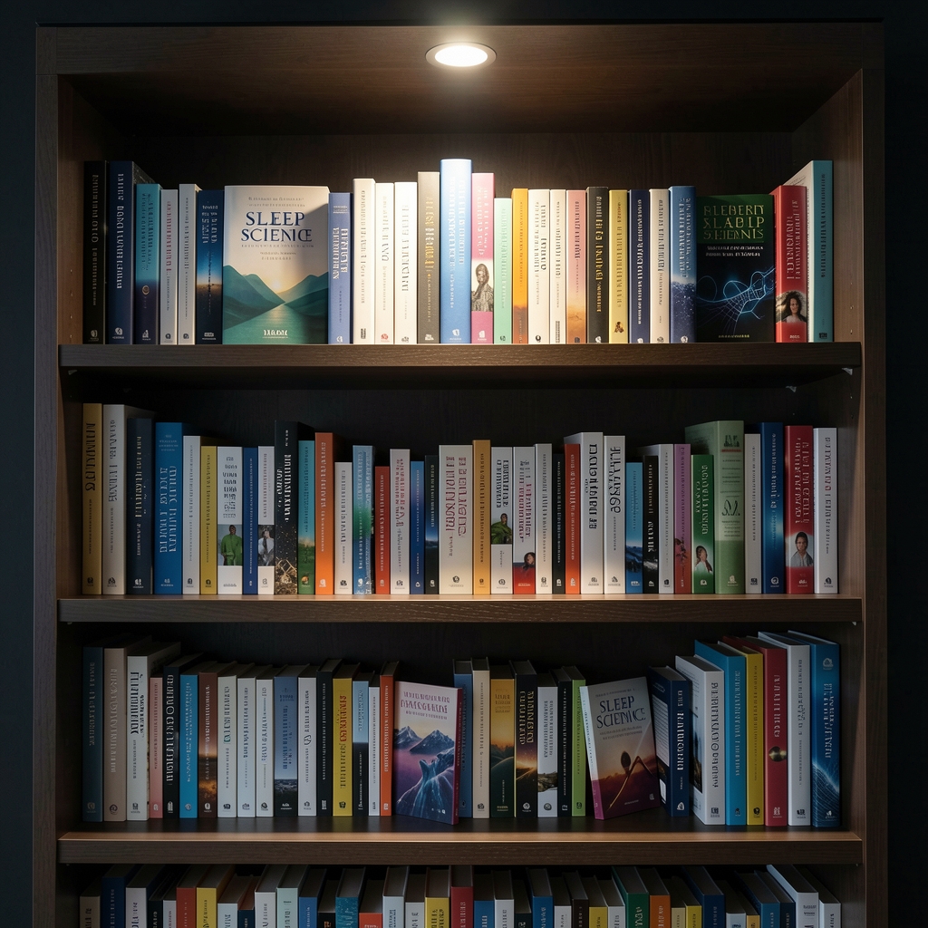 Ordered bookshelf in a dark interior with spines of sleep science and wellness publications visible under a single recessed light above