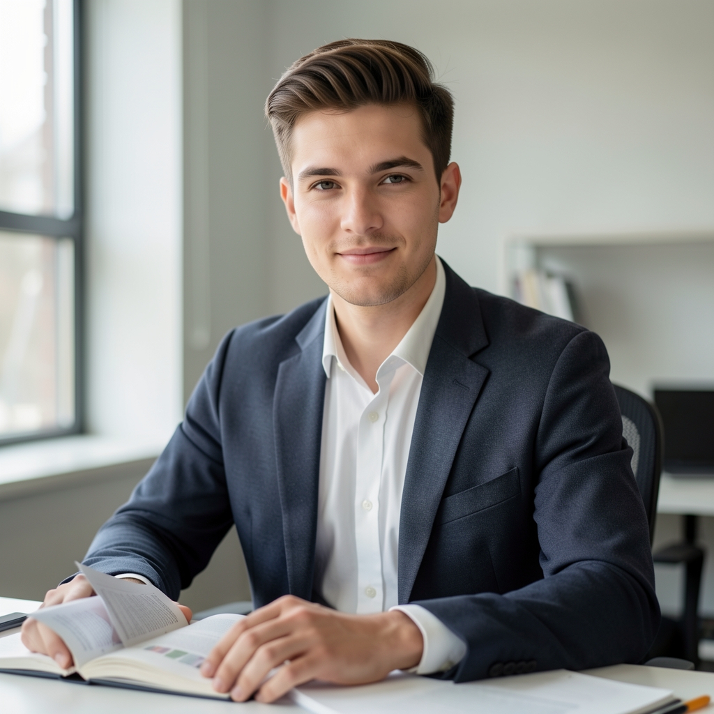 Editorial portrait of Tobias Ashcroft at a clean workspace, natural light from a side window, open research papers visible on the desk surface