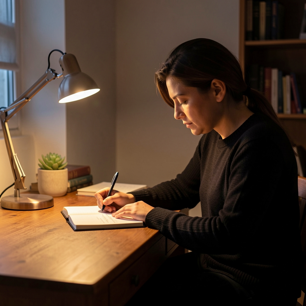 Person sitting quietly at a wooden desk in the evening, writing in a journal by the warm glow of a single desk lamp