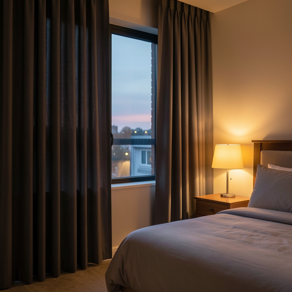 Bedroom window at dusk with blackout curtains partially drawn, soft amber light resting on a bedside table