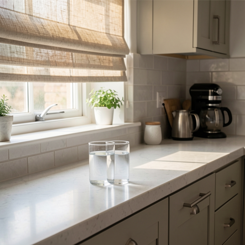Early morning scene of a kitchen counter with a glass of water, a notebook and soft daylight filtering through a linen blind