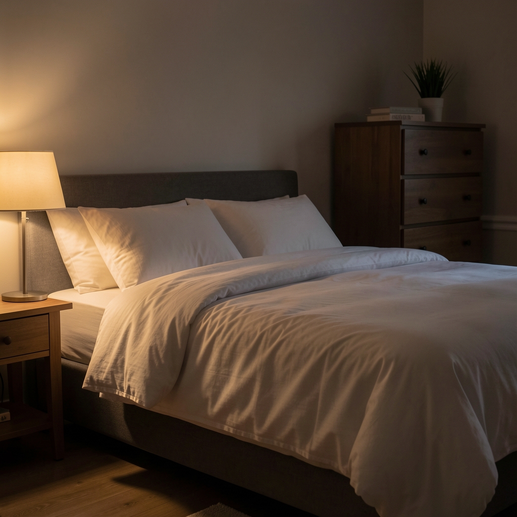 Dimly lit bedroom at night with soft lamp glow casting warm shadows across a neatly made bed with white linen